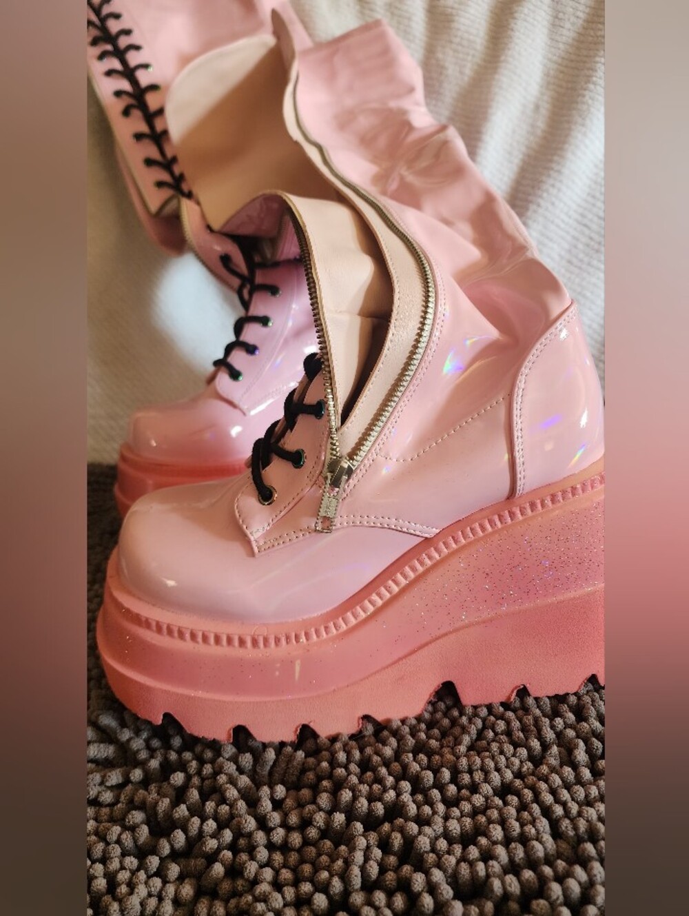 Pink Platform Thigh-high Lace-Up Boots - Demonia